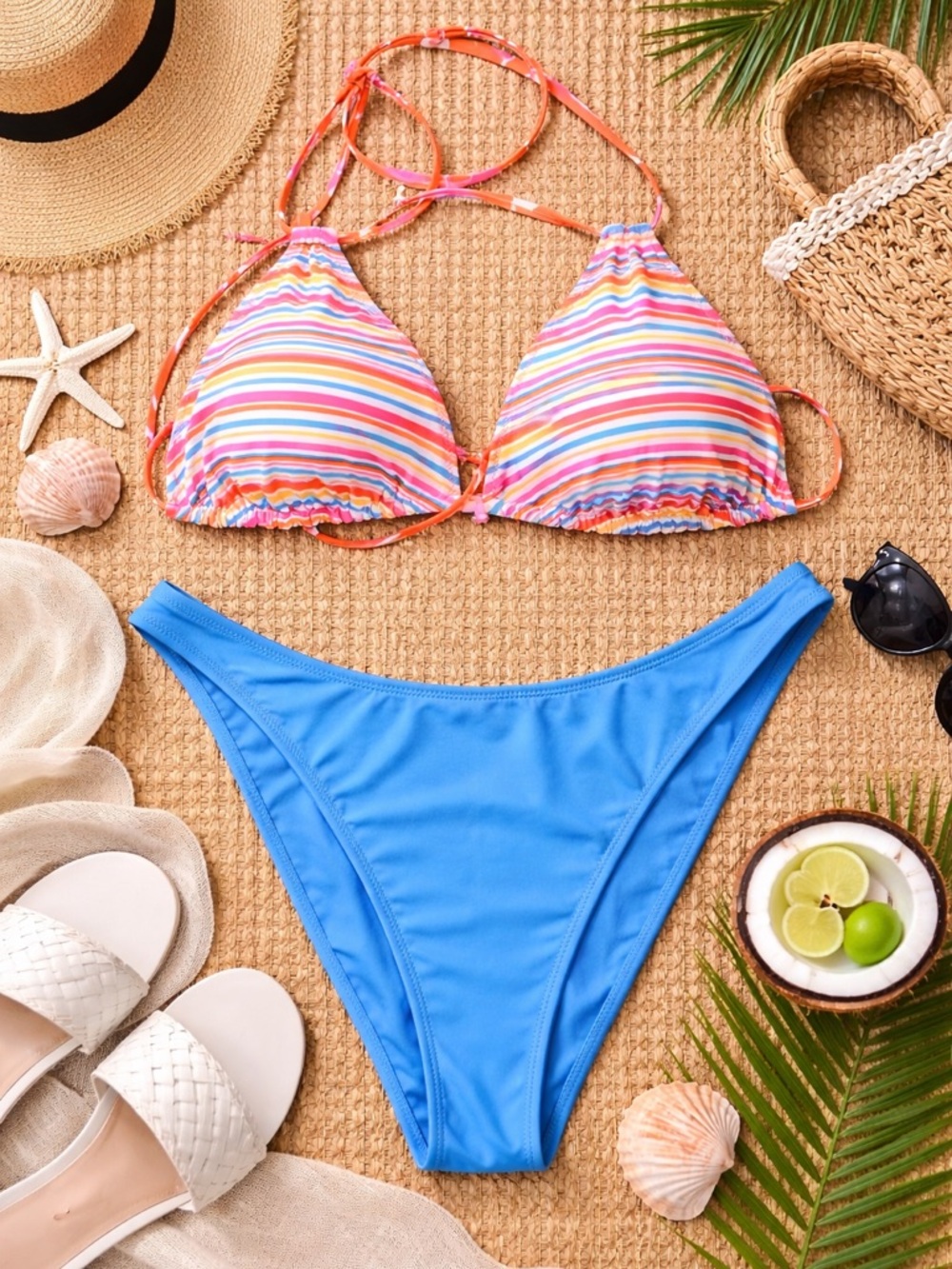 Wild Fable Reversible Bikini Set XL Stripe/Floral Top Blue Bottoms